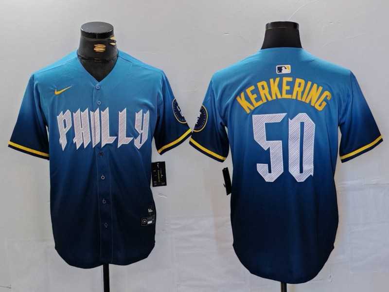 Mens Philadelphia Phillies #50 Orion Kerkering Blue 2024 City Connect Limited Stitched Jersey